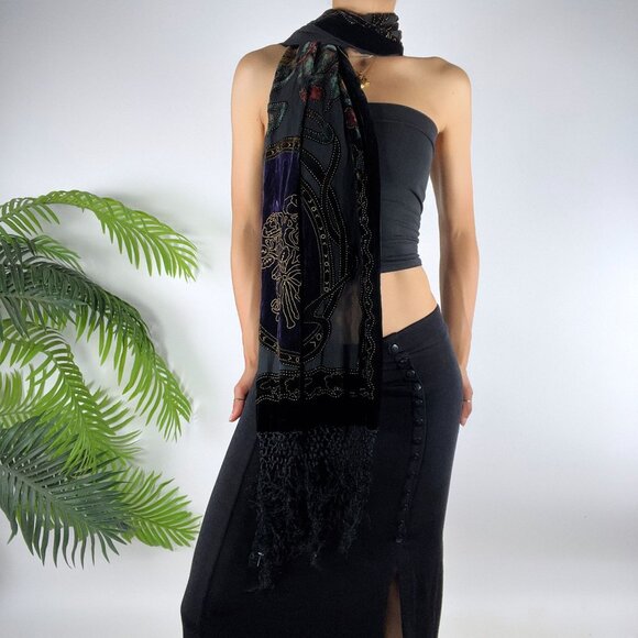 Vintage Black & Gold Silk Floral Velvet Whimsygoth Fairy Grunge Shawl Scarf - Picture 6 of 8